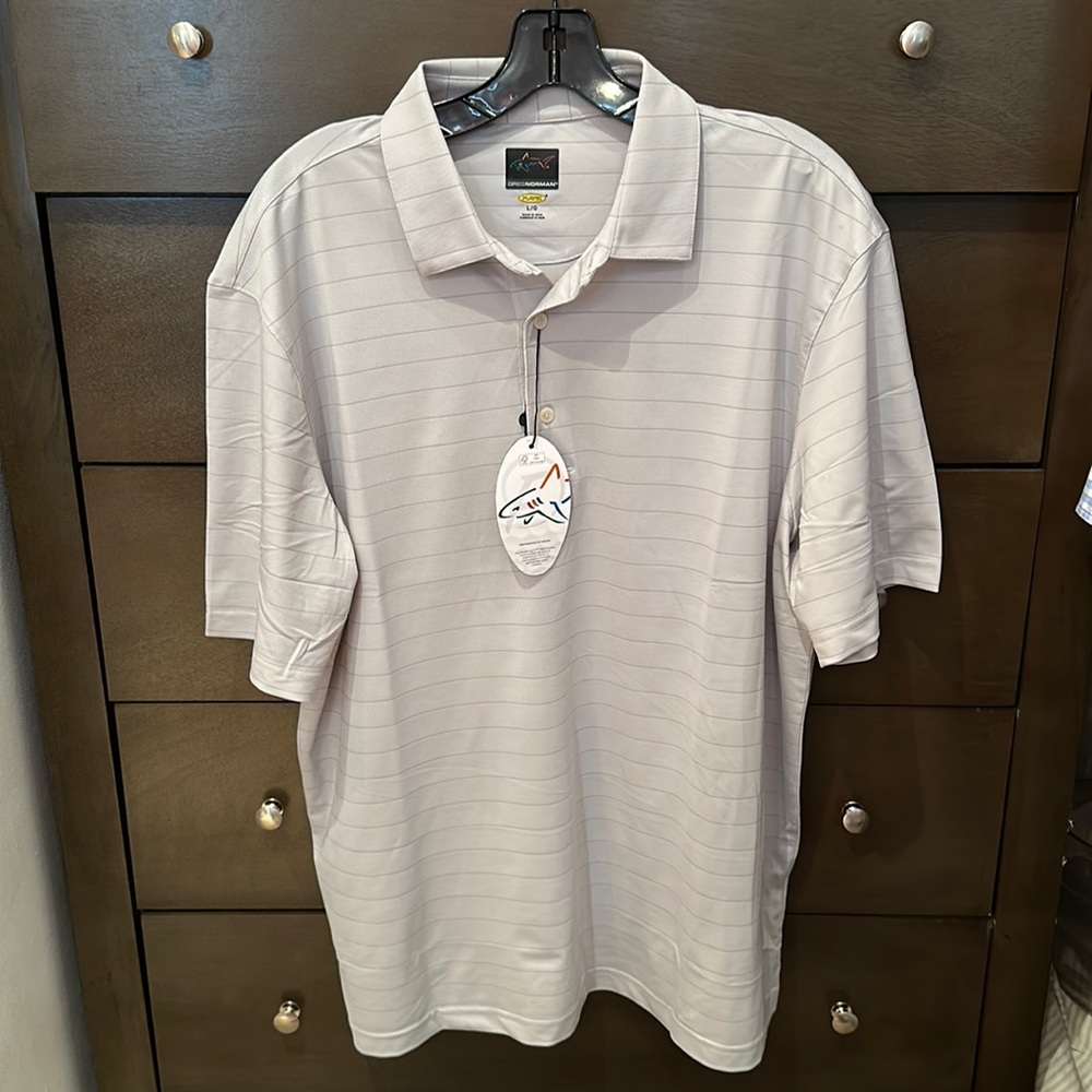 NWT Greg Norman Micro Pique Striped Golf Polo in Grey